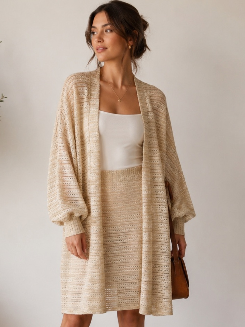 Anthropologie Cream Open-Knit Cardigan and Skirt Set